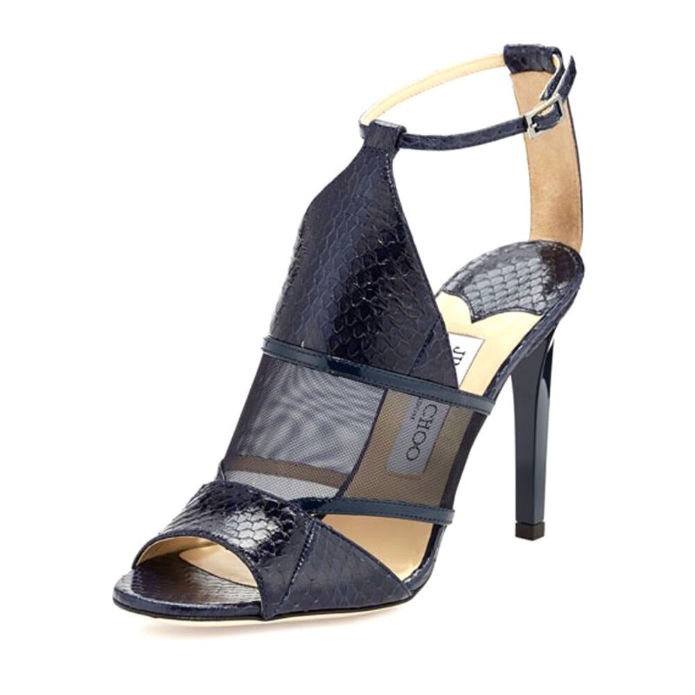 Jimmy Choo Timbus 100 Snakeskin Mesh Heel Sandal Navy Size 39